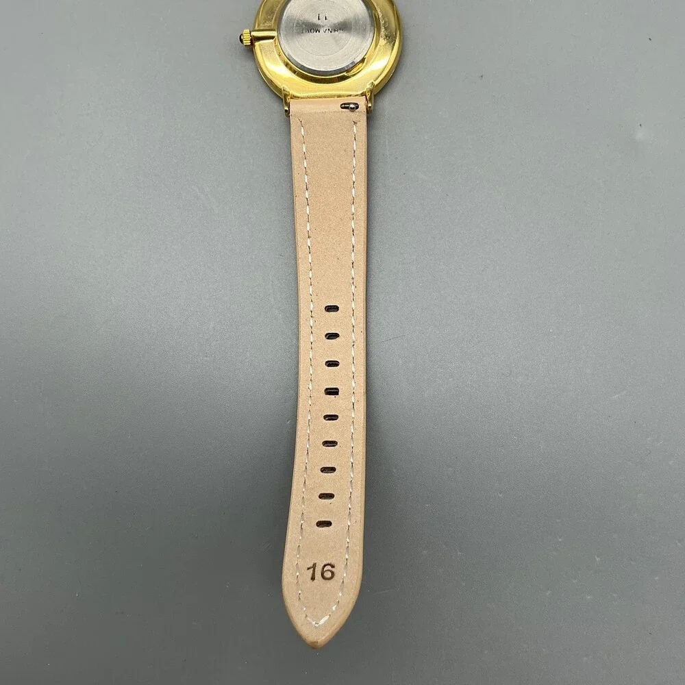 Womens Watch 33mm Brown Bear Dial Gold Tone Beige Leather Strap New Battery